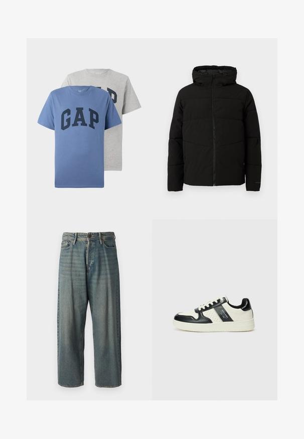 Svart polstret jakke med hette, med full front glidelås, horisontale sømmer og elastiske mansjetter for en tettsittende passform.; To korte ermer crew neck T-skjorter, en blå og en grå, begge med stor marineblå "GAP" tekst over brystet.; Lyseblå denimjeans med løs passform, midjehøyde og rette ben. Har fem lommer, beltehemper og knappelukking.; Lædersneakers med sort og creme farveskema, der har perforerede detaljer, en polstret krave og en struktureret ydersål.