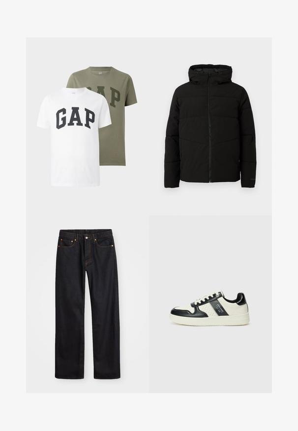 Chaqueta acolchada negra con capucha, que cuenta con un cierre frontal completo, costuras horizontales y puños elásticos para un ajuste ceñido.; Dos camisetas de manga corta tipo crew neck, una blanca y otra verde oliva, cada una con "GAP" impreso en grandes letras de bloque en el pecho.; Jeans de mezclilla negros de pierna recta para hombre, con cinco bolsillos y costuras en color naranja, cierre de botón y cremallera en la parte delantera de la cintura.; Zapatillas de cuero con un esquema de colores negro y crema, que cuentan con acentos perforados, un collar acolchado y una suela texturizada.