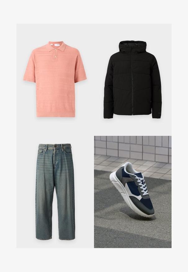 Svart polstret jakke med hette, med full front glidelås, horisontale sømmer og elastiske mansjetter for en tettsittende passform.; Kortermet polo i lys rosa med teksturerte mønstre og krage med to knapper. Laget av et mykt, pustende strikkemateriale.; Lyseblå denimjeans med løs passform, midjehøyde og rette ben. Har fem lommer, beltehemper og knappelukking.; Sneakers med en navy blå mesh-overdel, grå sømværk, hvit gummisåle og flate hvite snører, designet for komfort og pusteevne.