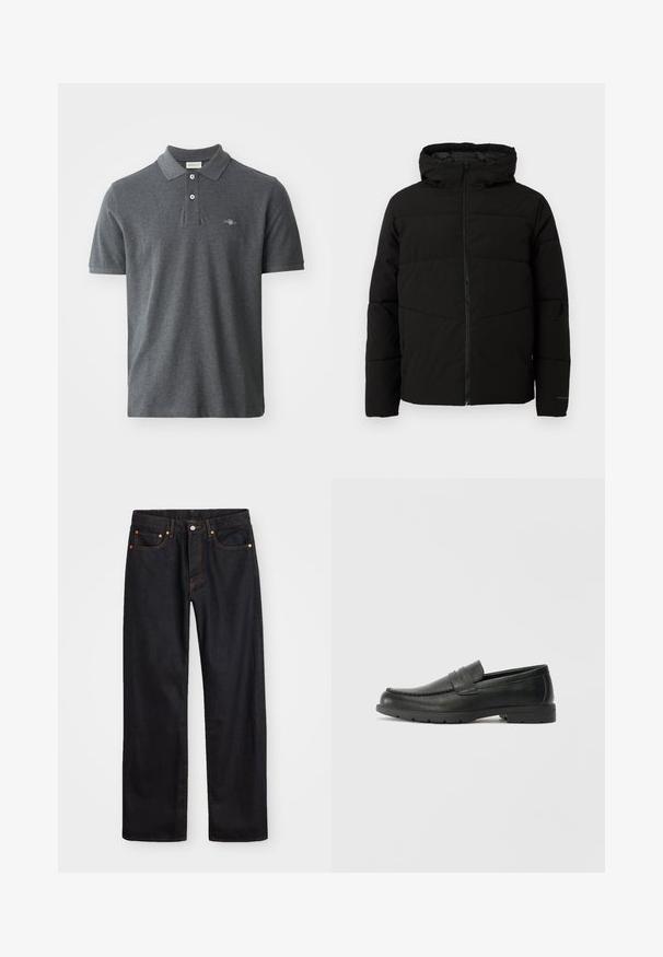 Melnā polsterētā jaka ar kapuci, ar pilnīgu priekšējo rāvējslēdzēju, horizontālām šuvēm un elastīgām piedurknēm ciešai piegulšanai.; Tumši pelēks kokvilnas polo krekls. Iezīmē klasisko apkakli, trīs pogu aizdari, īsās piedurknes un nelielu izšūtu logo krūtīs.; Vīriešu taisno kāju melnie džinsi ar piecām kabatām un oranžu izšuvumu, ar pogu un zipa aizdari priekšējā jostas daļā.; Melnas ādas loafers ar gludu apdari, mokasīnu stila augšdaļu, šūtu detalizāciju un gumijas zoli. Klasisks dizains ar zemu papēdi.