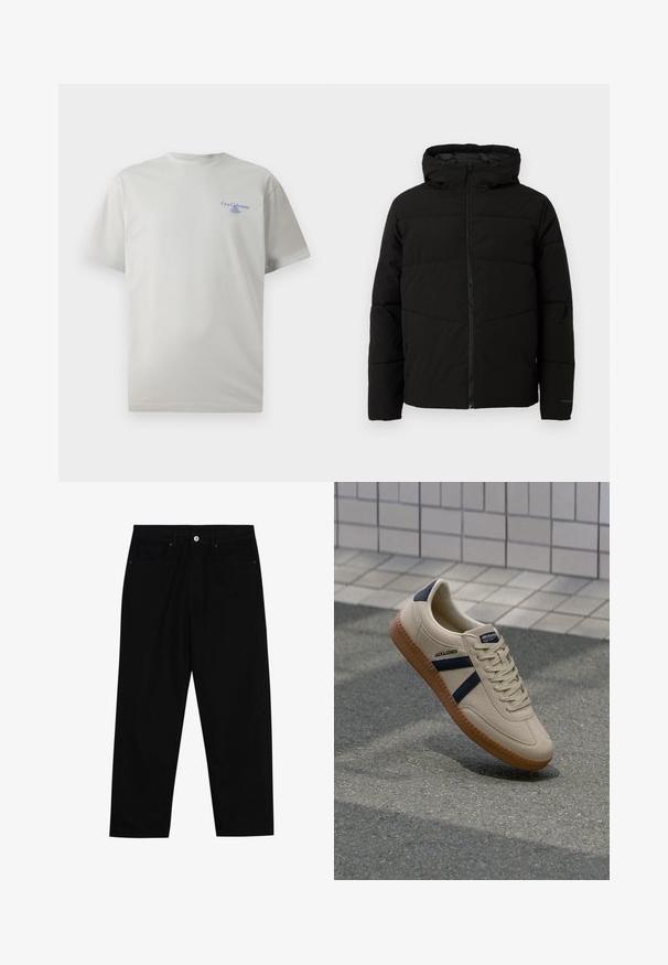 Must esmakad ja kapuutsiga must paks jakk, millel on täispikk lukus, horisontaalne õmblus ja elastsed mansetid, mis tagavad mugava istuvuse.; Heledhall hall t-särk, lühikeste varrukatega, ümmarguse kaelusega ning vasakul rinnapool väike sinine logo tekst. Sile tekstuur.; Mustadest denimist püksid, millel on sirge jalg, viie tasku disain ja eesnupuga sulgur. Sile tekstuur koos minimaalsete õmblustega.; Bežist sneaker, millel on tekstureeritud viimistlus, tumesinised triibud ja kummi tald. Omab pehmendustega keelt ja traditsioonilist nööpimissüsteemi kindla istuvuse tagamiseks.