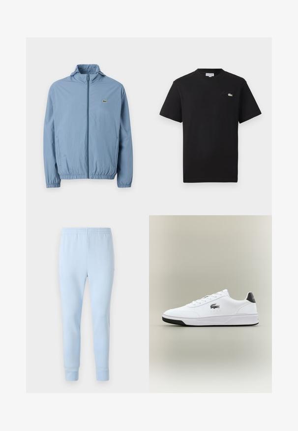 Šviesiai mėlynas zip-up džemperis su gobtuvu, elastingomis rankogaliais ir juosmeniu. Ant kairio krūtinės kišenės yra mažas žalias logotipas.; Juodas medvilnės marškinėliai su apvalia iškirpte. Išsiskiria mažuoju žaliu ir baltu išsiuvinėtu "Lacoste" logotipu ant krūtinės. Trumpomis rankovėmis, reguliaraus kirpimo.; Šviesiai mėlynos sportinės kelnės, pagamintos iš minkštos medžiagos, su elastingu juosmeniu ir siaurėjančiais rankogaliais. Nėra matomų raštų ar metalinių detalių.; Balti sintetiniai sportbačiai su lygiu paviršiumi, suapvalintu pirštu, juodais akcentais ant kulno ir Lacoste logotipu šone.