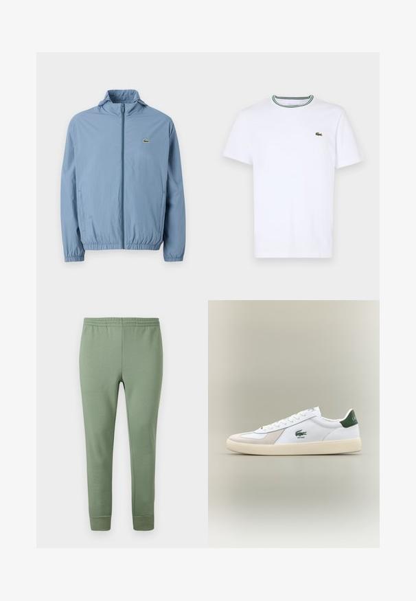 Light blue zip-up jacket with a hood, elastic cuffs, and waistband. Features a small green logo on the left chest pocket.; White cotton short-sleeve T-shirt with a ribbed collar featuring green and black stripes; small green embroidered logo on left chest.; Light green jogger pants made of soft fabric, featuring an elastic waistband, tapered legs, and ribbed cuffs at the ankles.; White sneaker with green accents, suede and leather materials, rounded toe, textured outsole, and embroidered logo on side and tongue.