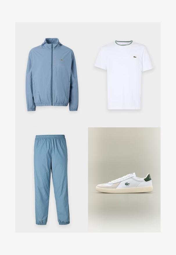 Šviesiai mėlynas zip-up džemperis su gobtuvu, elastingomis rankogaliais ir juosmeniu. Ant kairio krūtinės kišenės yra mažas žalias logotipas.; Balta medvilninė trumpo rankovės marškinėliai su įsiūtu apykakle, dekoruota žaliais ir juodais dryžiais; mažas žalias siuvinėtas logotipas kairėje krūtinės pusėje.; Mėlynos, lengvos, elastinga juosta liemens kelnės su siauru sijonu ir elastingais užsegimais; šone esantis mažas logotipas. Lygi, vandeniui atspari medžiaga.; Baltos sportbačiai su žaliais akcentais, pagaminti iš zomšos ir odos, su apvaliu nose, tekstūruotu padu ir siuvinėtu logotipu šone bei ant liežuvio.