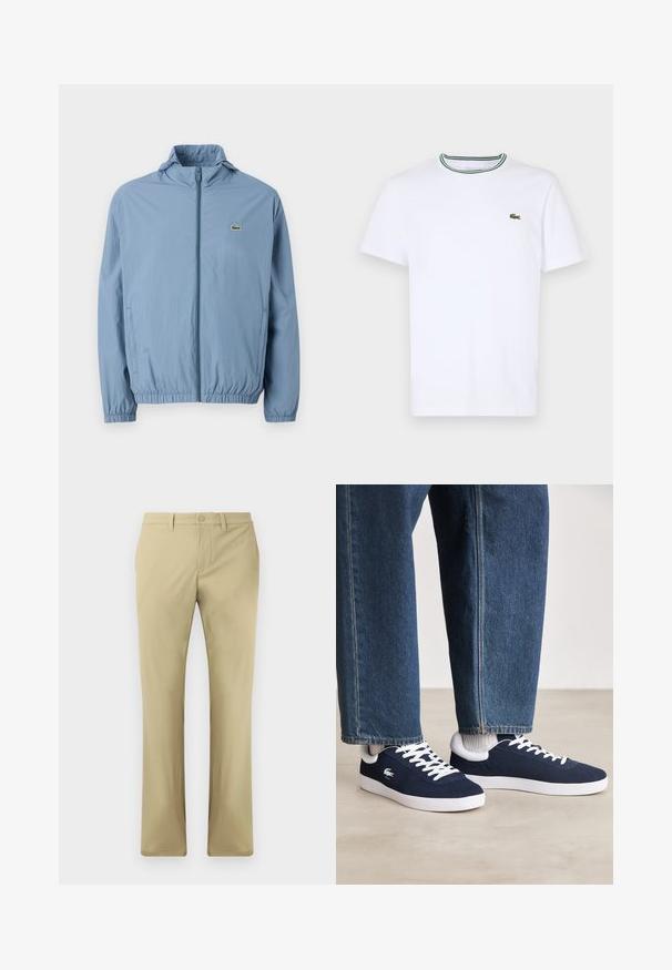 Világoskék cipzáras dzseki kapucnival, rugalmas mandzsettával és derékrésszel. Bal mellen egy kis zöld logó található.; Fehér pamut, rövid ujjú póló bordás gallérral, zöld és fekete csíkokkal; kis zöld hímzett logó a bal mellen.; Beige nadrág lapos elülső rész kialakítással, gombos zárással és egyenes fazonnal. Simogatós anyagból készült, amelynek minimális a látható varrása.; Kék vászon sportcipők fehér fűzőkkel és gumis talppal, farmernadrággal és szürke bordás zoknikkal együtt bemutatva, világosszürke felületen.