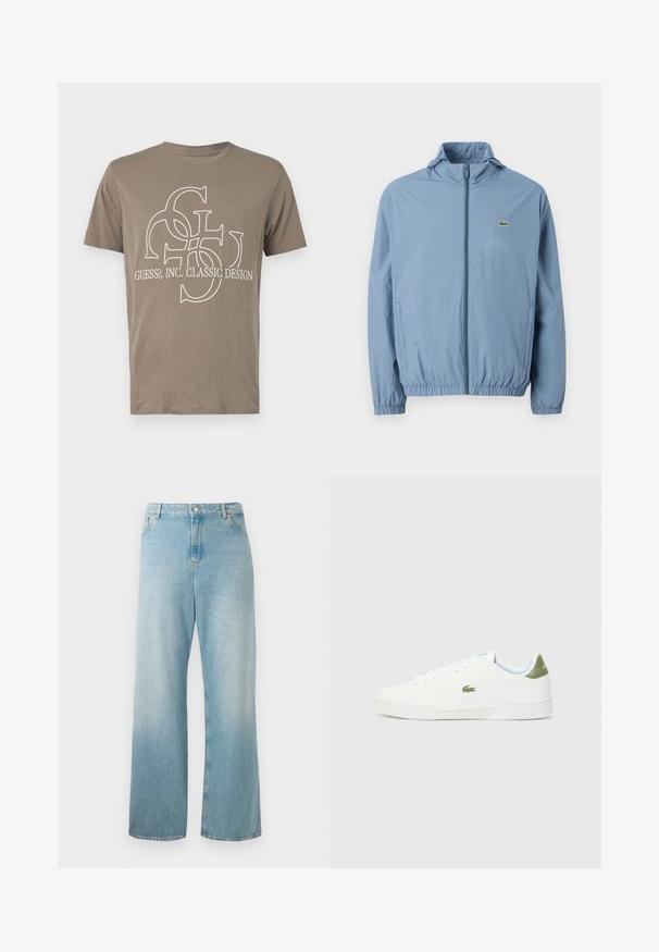 Chaqueta de cremallera azul claro con capucha, puños elásticos y cinturilla. Presenta un pequeño logo verde en el bolsillo izquierdo del pecho.; Camiseta de algodón marrón con un diseño gráfico blanco que presenta letras entrelazadas y el texto "GUESS?, INC. DISEÑO CLÁSICO" en el delantero.; Vaqueros de mezclilla de pernera ancha en azul claro. Con una cintura alta, bolsillos frontales y un dobladillo limpio. Textura suave con un acabado desgastado.; Zapatillas blancas con una textura suave, que presentan un acento verde en el talón y un pequeño logo de cocodrilo bordado en el lateral.