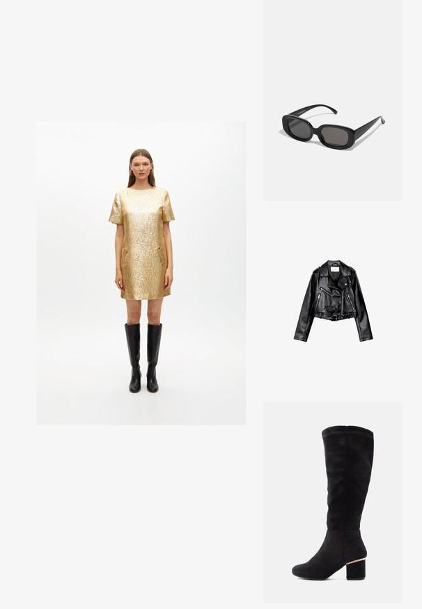 Čierna skrátená kožená motorkárska bunda s asymetrickým predným zipsom, cvokmi a štyrmi zipsami. Obsahuje nastaviteľný opasok v oblasti pásu.; Zlatá metalická krátka šaty s textúrovaným povrchom, krátkymi rukávmi a bočnými vreckami. Skombinované s vysokými čiernymi koženými čižmami.; Čierne čižmy po kolená vyrobené z jemnej semišovej látky, s robustným blokovým podpätkom a zlatým akcentom. Hladká textúra, zaoblený tvar špičky.; Čierne obdĺžnikové slnečné okuliare s tmavými sklami. Hrubý plastový rám, hladký povrch a zaoblené hrany. Štýlové patky sa rozširujú von.