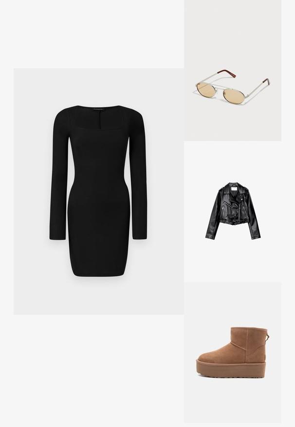 Černá zkrácená kožená motorkářská bunda s asymetrickým předním zipem, patentkami a čtyřmi zipy. Obsahuje nastavitelné pásmo v pase.; Černé dlouhé šaty s rukávy vyrobené z žebrované tkaniny, s čtvercovým výstřihem a přiléhavým střihem, s délkou do středu stehna.; Hnědé semišové kotníkové boty s platformou, zaoblenou špičkou a prošíváním; mají poutko vzadu pro snadné obouvání.; Kovové sluneční brýle s oválnými, světle hnědými tónovanými skly. Úzký stříbrný rám s texturovanými akcenty a červenohnědými konci na nožičkách.
