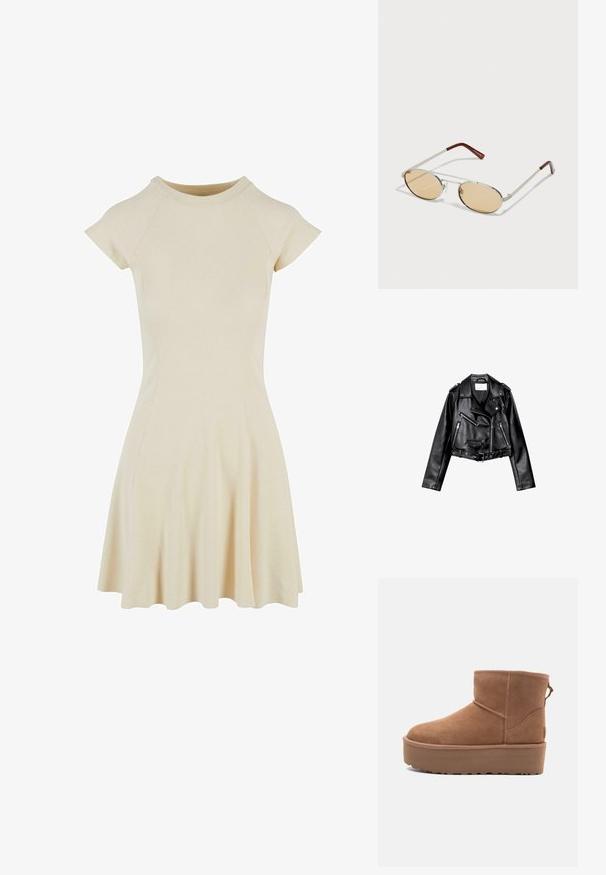 Veste de biker en cuir noir, courte, avec fermeture éclair frontale asymétrique, boutons à pression et quatre zips. Caractéristiques d'une ceinture ajustable à la taille.; Robe crème côtelée avec un bustier ajusté, des manches raglan courtes et une jupe évasée. Texture lisse et décolleté rond simple.; Bottine en suède tan avec une semelle plate-forme, un bout arrondi et des accents de couture ; elle est dotée d'une languette à l'arrière pour un enfilage facile.; Lunettes de soleil en métal avec des verres ovales teintés de brun clair. Monture fine en argent avec des accents texturés et des embouts brunrouge sur les branches.