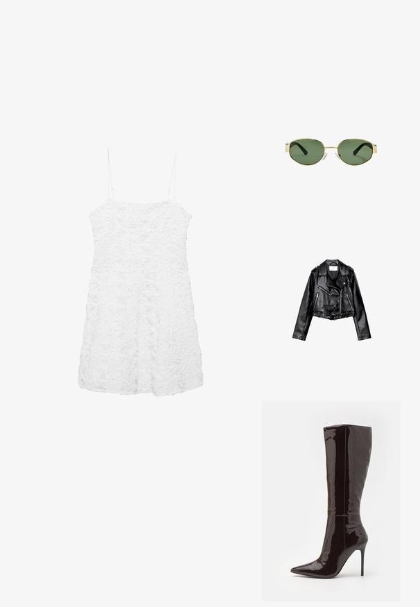 Čierna skrátená kožená motorkárska bunda s asymetrickým predným zipsom, cvokmi a štyrmi zipsami. Obsahuje nastaviteľný opasok v oblasti pásu.; Biele bezrukávové šaty s textúrovaným kvetinovým vzorom, s tenkými ramienkami a uvoľneným strihom, navrhnuté pre ľahký a vzdušný vzhľad.; Even&Odd Topánky na vysokom opätku - dark brown; Slnko zlatohnedých kovových rámových okuliarov s zelenými tónovanými sklami, oválnym tvarom, čiernymi stranami a priehľadnými nosnými podložkami. Čistý, minimalistický dizajn.