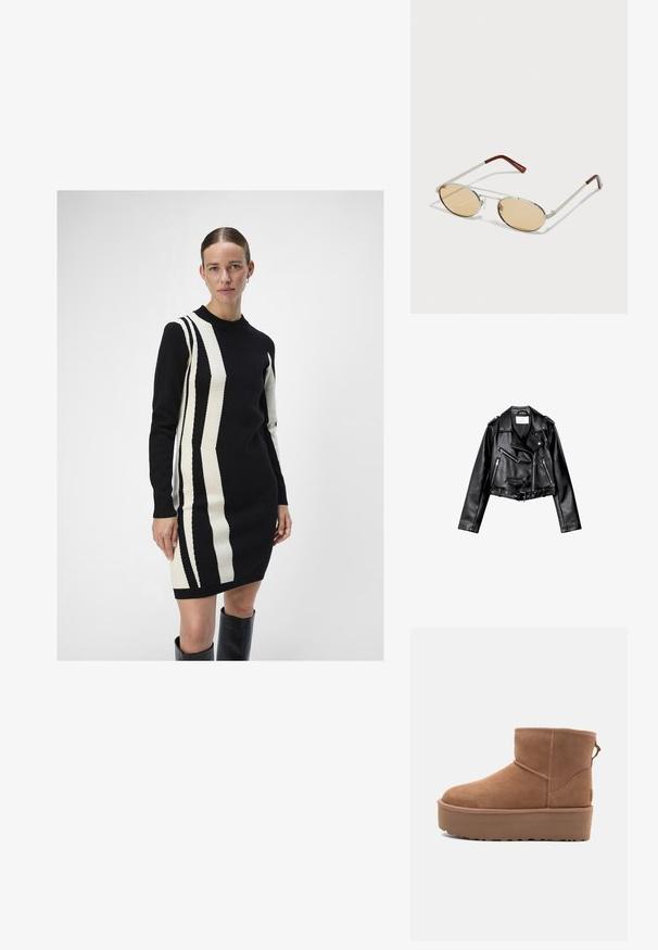 Zwarte cropped leren motorjack met asymmetrische rits aan de voorkant, drukkers en vier ritsen. Heeft een verstelbare riem op de taille.; Gebreide jurk in zwart en crème met verticale gestreepte patronen. Voorzien van een ronde halslijn en lange mouwen, gemaakt van een zachte stof.; Tan suède enkellaars met een platformzool, ronde neus en stiksels; heeft een trekband aan de achterkant voor gemakkelijke instap.; Metalen zonnebril met ovale, lichtbruine getinte lenzen. Slank zilveren frame met getextureerde accenten en roestbruin uiteinden op de armen.