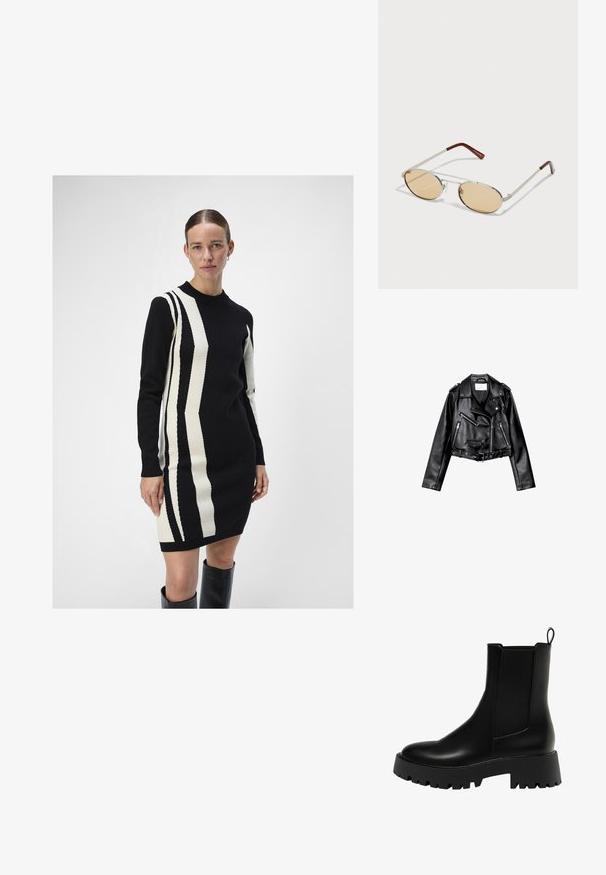 Veste de biker en cuir noir, courte, avec fermeture éclair frontale asymétrique, boutons à pression et quatre zips. Caractéristiques d'une ceinture ajustable à la taille.; Robe tricotée en noir et crème avec des motifs rayés verticaux. Dotée d'un col rond et de manches longues, fabriquée dans une texture douce.; Bottine en cuir noir avec un panneau latéral texturé, bout rond et semelle épaisse à motif de bande de roulement en zigzag.; Lunettes de soleil en métal avec des verres ovales teintés de brun clair. Monture fine en argent avec des accents texturés et des embouts brunrouge sur les branches.
