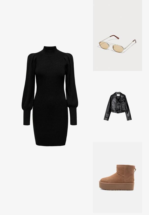 Črna usnjena motoristična jakna s krojem do pasu, z asimetričnim sprednjim zadrgo, sponkami in štirimi zadrgami. Ima nastavljiv pas na v pasu.; Črna pletena obleka z visokim ovratnikom, dolgimi nabranimi rokavi in rebrasto teksturo. Prilegajoča se oblika, ki seže do sredine stegen. Brez vidnih vzorcev ali akcentov.; Bela antilopova gležnjača s platformom, okruglim vrhom i dekorativnim šavovima; ima uvučenu petlju straga za lakše oblačenje.; Metalne sončna očala z ovalnimi, svetlo rjavimi lečami. Tanjša srebrna okvirja s teksturiranimi detajli in rdečkasto-rjavimi konicami na ročajih.