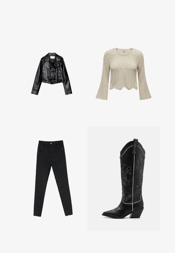 Črna usnjena motoristična jakna s krojem do pasu, z asimetričnim sprednjim zadrgo, sponkami in štirimi zadrgami. Ima nastavljiv pas na v pasu.; Pleteni kraški pulover v bež barvi, z valovitim robom, zvonastimi rokavi in strukturiranim chevron vzorcem po celotnem izdelku.; Črne skinny jeans hlače iz denima, z visokim pasom, petimi žepi in surovim robom na gležnjih. Klasično zapiranje z gumbnico in zadrgo.; Črne kavbojske čevlje s podaljšanimi prsti, robustnim peto in belimi zvezdnimi vzorci, všitimi vzdolž šaftov. Mehka usnjena materiala.