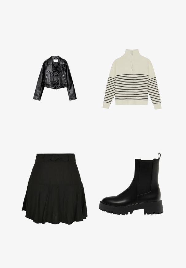 Sort cropped læderbikerjakke med asymmetrisk frontlynlås, trykknapper og fire lynlåse. Har et justerbart bælte i taljen.; Cremefarvet pullover med høj krave, lodret ribbet tekstur og vandrette sorte striber over kroppen og ærmerne. Sølv lynlås detalje.; Sort nederdel med en flagrende design, der har en knyttet taljedetalje og letvægtsstof, som skaber bløde draperinger i kanten.; Sort læder ankelstøvle med en struktureret sidepanel, rund tå og kraftig platform sål med et zigzag-dækmønster.