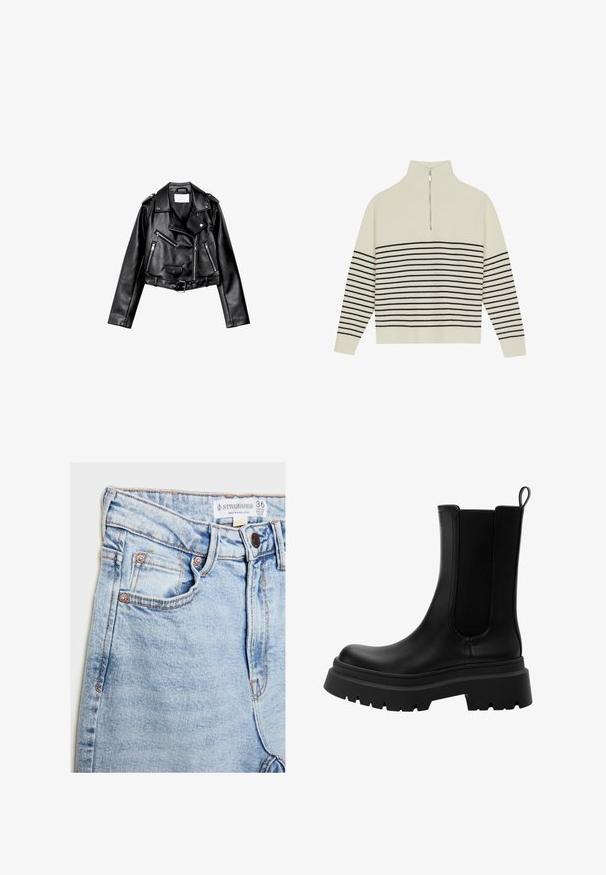 Černá zkrácená kožená motorkářská bunda s asymetrickým předním zipem, patentkami a čtyřmi zipy. Obsahuje nastavitelné pásmo v pase.; Krémový pulovr s vysokým límcem, vertikálním žebrovaným vzorem a horizontálními černými pruhy na těle a rukávech. Stříbrný zip.; Světle modré džíny z denimu s vysokým pasem, pěti kapsami, hardwarem v měděném tónu a jemným vyblednutím, s etiketou na pásku.; Černé kožené Chelsea boty s elastickými bočními panely, silnou gumovou podrážkou a zaoblenou špičkou. Texturovaný a hladký povrch.
