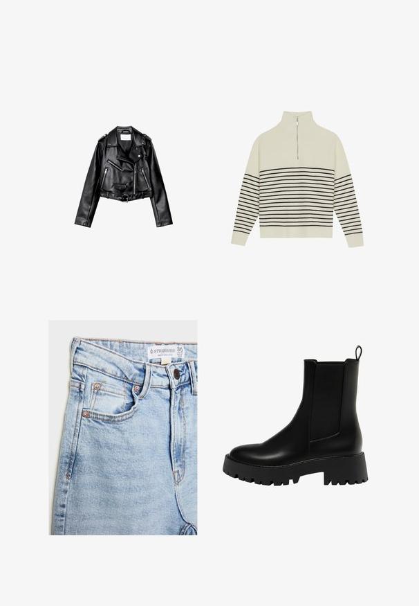 Čierna skrátená kožená motorkárska bunda s asymetrickým predným zipsom, cvokmi a štyrmi zipsami. Obsahuje nastaviteľný opasok v oblasti pásu.; Krémový pulóver s vysokým golierom, vertikálnou ryhovanou textúrou a horizontálnymi čiernymi pruhmi na tele a rukávoch. Strieborný zips ako detail.; Svetlomodré denimové nohavice s vysokým pásom, piatimi vreckami, hardware v medených odtieňoch a jemným vyblednutím, s etiketou na páske.; Čierna kožená členková bota s textúrovaným bočným panelom, zaoblenou špičkou a masívnou platformou s cikcak vzorom.