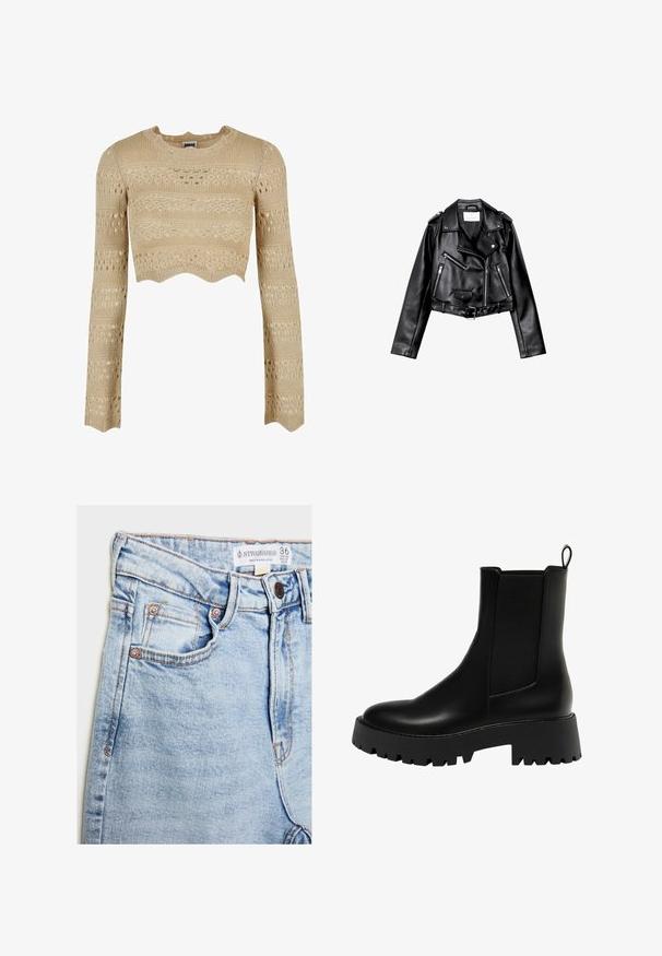 Czarna, krótka skórzana kurtka motocyklowa z asymetrycznym zamkiem błyskawicznym z przodu, zatrzaskami i czterema zamkami. Posiada regulowany pasek w talii.; Beżowy dziany crop top z długimi rękawami, z falbaniastym dołem, teksturowanymi wzorami i otwartymi detalami w całej konstrukcji.; Jasnoniebieskie dżinsy o wysokim stanie, z pięcioma kieszeniami, miedziowanymi detalami i subtelnym wyblaknięciem, z metką na pasku.; Czarny skórzany botek za kostkę z fakturowaną boczną wstawką, zaokrąglonym noskiem i grubą platformą z bieżnikiem w zygzak.