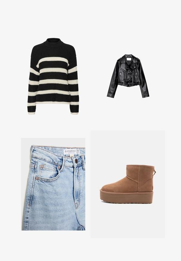 Schwarze, kurze Leder-Bikerjacke mit asymmetrischem Frontreißverschluss, Druckknöpfen und vier Reißverschlüssen. Mit einem verstellbaren Gürtel in der Taille.; Schwarz- und cremefarbener gestreifter Strickpullover mit hohem Kragen, lockerer Passform und geripptem Textur. Merkmale sind breite horizontale Streifen und lange Ärmel.; Helle blaue Jeans mit hoher Taille, fünf Taschen, Hardware in Kupferoptik und dezentem Ausbleichen, mit einem Etikett am Bund.; Beige Wildleder-Ankle-Boot mit Plateausohle, abgerundetem Zehenbereich und abgesteppten Akzenten; verfügt über eine Zuglasche hinten für einfaches An- und Ausziehen.