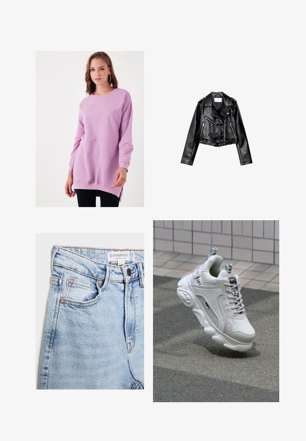 Giacca da moto nera in pelle cropped con zip frontale asimmetrica, bottoni a pressione e quattro zip. Presenta una cintura regolabile in vita.; Felpa viola, maniche lunghe, scollatura a girocollo, in tessuto morbido. Presenta spacchi laterali all'orlo per facilitare i movimenti e una vestibilità rilassata.; Jeans in denim azzurro chiaro con vita alta, cinque tasche, accessori in tonalità rame e leggera scoloritura, con etichetta sulla vita.; Sneaker bianco realizzato in materiali mesh e pelle, con punta arrotondata, suola spessa, lacci prominenti e marchio sul tallone e sulla linguetta.