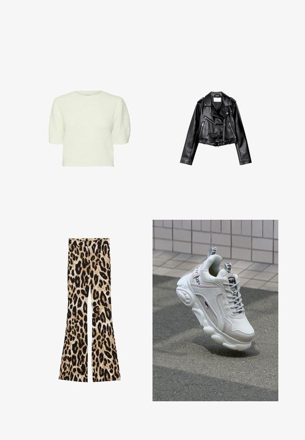 Giacca da moto nera in pelle cropped con zip frontale asimmetrica, bottoni a pressione e quattro zip. Presenta una cintura regolabile in vita.; Maglione bianco a maniche corte con superficie teksturizzata e fluffy, scollo tondo e vestibilità cropped. Materiale morbido e design semplice.; Pantaloni a zampa d'elefante con stampa leopardata nei toni del nero e del marrone, texture a coste e design a vita alta.; Sneaker bianco realizzato in materiali mesh e pelle, con punta arrotondata, suola spessa, lacci prominenti e marchio sul tallone e sulla linguetta.