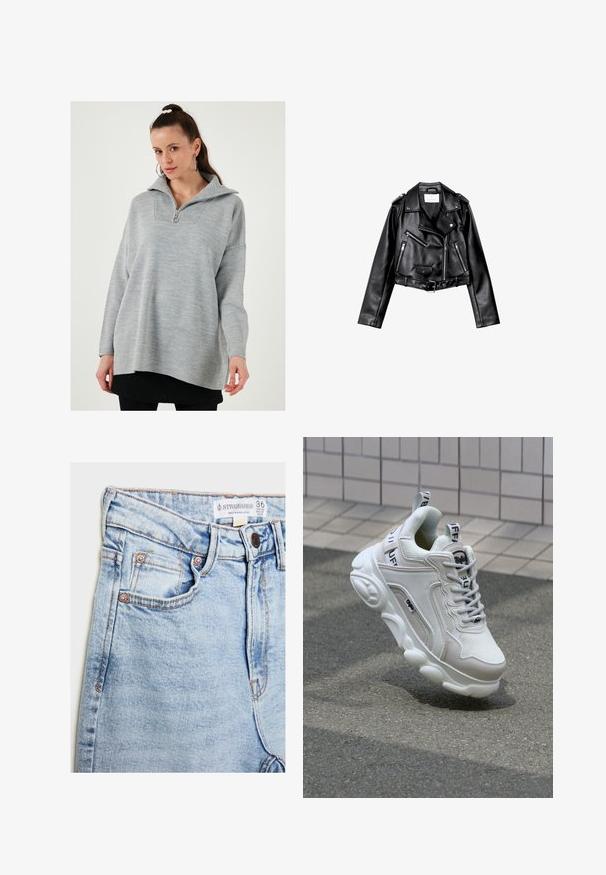 Schwarze, kurze Leder-Bikerjacke mit asymmetrischem Frontreißverschluss, Druckknöpfen und vier Reißverschlüssen. Mit einem verstellbaren Gürtel in der Taille.; Hellgrauer Pullover mit einem hohen Kragen und halbseitigem Reißverschluss. Verfügt über ein strukturiertes Panel am Hals und eine lockere, entspannte Passform.; Helle blaue Jeans mit hoher Taille, fünf Taschen, Hardware in Kupferoptik und dezentem Ausbleichen, mit einem Etikett am Bund.; Weißer Sneaker aus Mesh- und Ledermaterialien, mit rundem Zehenbereich, dicker Sohle, auffälligen Schnürsenkeln sowie Branding an der Ferse und der Zunge.