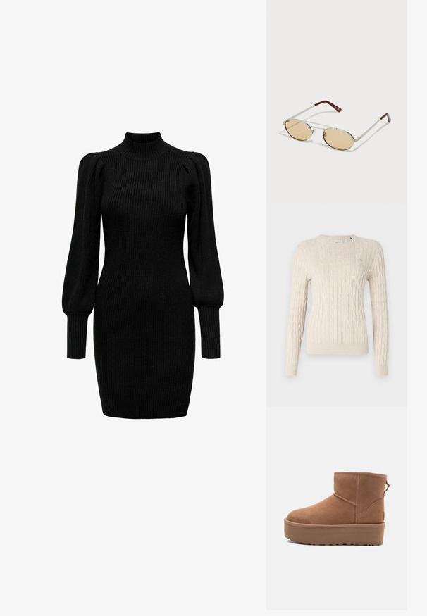 Črna usnjena motoristična jakna s krojem do pasu, z asimetričnim sprednjim zadrgo, sponkami in štirimi zadrgami. Ima nastavljiv pas na v pasu.; Bežni pulover z kabelskim pletenjem, okroglo izrezan, z dolgimi rokavi in ribastimi manšetami. Ima majhno logotipsko podrobnost na prsih.; Črna pletena obleka z visokim ovratnikom, dolgimi nabranimi rokavi in rebrasto teksturo. Prilegajoča se oblika, ki seže do sredine stegen. Brez vidnih vzorcev ali akcentov.; Bela antilopova gležnjača s platformom, okruglim vrhom i dekorativnim šavovima; ima uvučenu petlju straga za lakše oblačenje.; Metalne sončna očala z ovalnimi, svetlo rjavimi lečami. Tanjša srebrna okvirja s teksturiranimi detajli in rdečkasto-rjavimi konicami na ročajih.