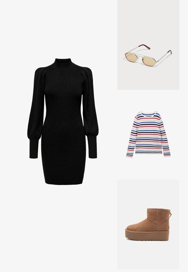 Veste de biker en cuir noir, courte, avec fermeture éclair frontale asymétrique, boutons à pression et quatre zips. Caractéristiques d'une ceinture ajustable à la taille.; Haut à manches longues rayé en tissu côtelé, présentant des rayures horizontales blanches, roses, bleues, noires et violettes avec un col rond.; Robe en tricot noire avec un col montant, de longues manches bouffantes et une texture côtelée. Forme ajustée, atteignant le milieu de la cuisse. Aucun motif ni accent visible.; Bottine en suède tan avec une semelle plate-forme, un bout arrondi et des accents de couture ; elle est dotée d'une languette à l'arrière pour un enfilage facile.; Lunettes de soleil en métal avec des verres ovales teintés de brun clair. Monture fine en argent avec des accents texturés et des embouts brunrouge sur les branches.