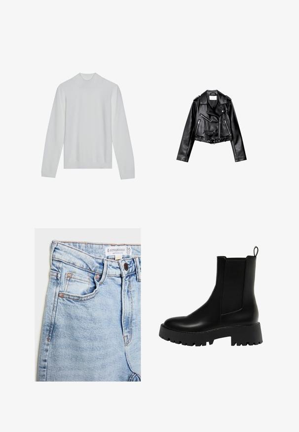 Czarna, krótka skórzana kurtka motocyklowa z asymetrycznym zamkiem błyskawicznym z przodu, zatrzaskami i czterema zamkami. Posiada regulowany pasek w talii.; Biała sweter z golfem, z długimi rękawami, żebrowanym kołnierzem i dołem. Miękka tekstura, minimalistyczny design bez widocznych wzorów czy akcentów.; Jasnoniebieskie dżinsy o wysokim stanie, z pięcioma kieszeniami, miedziowanymi detalami i subtelnym wyblaknięciem, z metką na pasku.; Czarny skórzany botek za kostkę z fakturowaną boczną wstawką, zaokrąglonym noskiem i grubą platformą z bieżnikiem w zygzak.