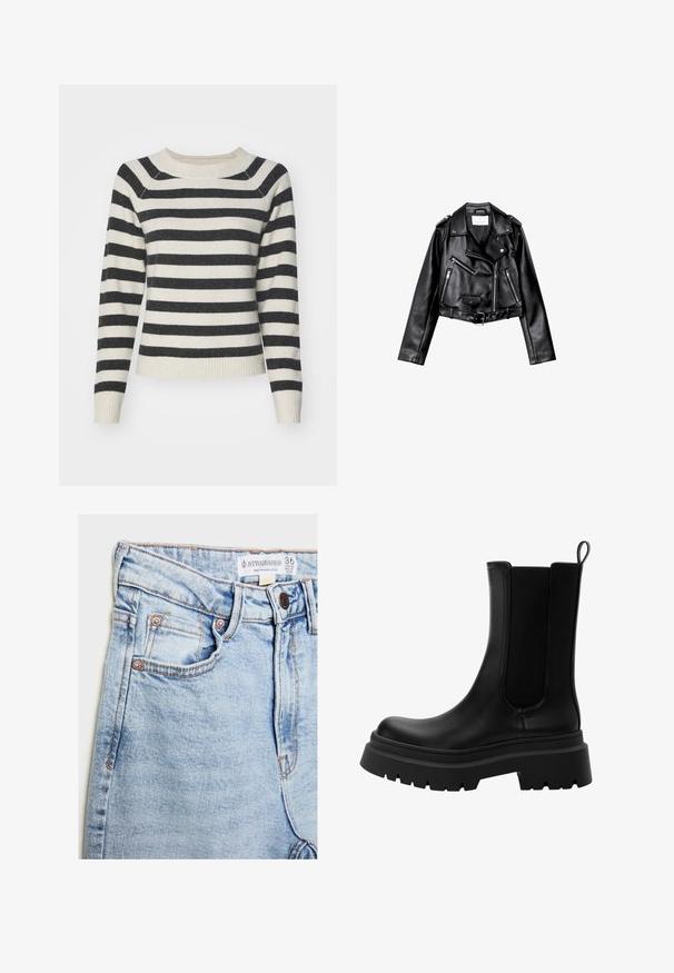 Schwarze, kurze Leder-Bikerjacke mit asymmetrischem Frontreißverschluss, Druckknöpfen und vier Reißverschlüssen. Mit einem verstellbaren Gürtel in der Taille.; Gestreifter Pullover mit schwarzen und cremefarbenen horizontalen Streifen, gerippte Bündchen und Saum, runder Ausschnitt und weicher Textur. Mittel-lange Ärmel.; Helle blaue Jeans mit hoher Taille, fünf Taschen, Hardware in Kupferoptik und dezentem Ausbleichen, mit einem Etikett am Bund.; Schwarze Leder Chelsea-Stiefel mit elastischen Seitenteilen, robuster Gummisohle und abgerundetem Zeh. Texturierte und glatte Oberfläche.