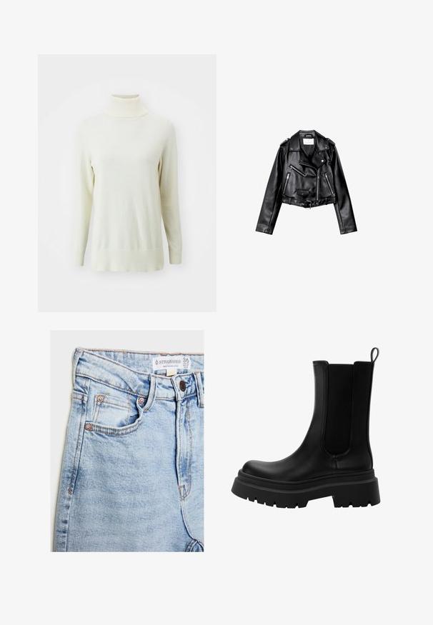 Schwarze, kurze Leder-Bikerjacke mit asymmetrischem Frontreißverschluss, Druckknöpfen und vier Reißverschlüssen. Mit einem verstellbaren Gürtel in der Taille.; Helle Creme-Turtleneck-Pullover, lange Ärmel, gerippte Bündchen und Kragen, glatte Textur, normale Passform.; Helle blaue Jeans mit hoher Taille, fünf Taschen, Hardware in Kupferoptik und dezentem Ausbleichen, mit einem Etikett am Bund.; Schwarze Leder Chelsea-Stiefel mit elastischen Seitenteilen, robuster Gummisohle und abgerundetem Zeh. Texturierte und glatte Oberfläche.