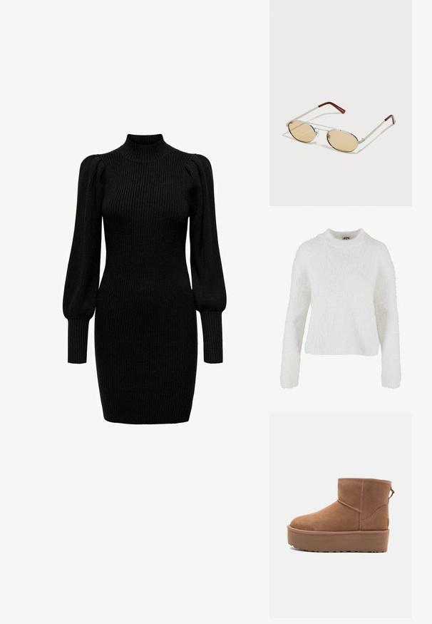 Svart kort läder motorcykeljacka med asymmetrisk frontdragkedja, tryckknappar och fyra dragkedjor. Har ett justerbart bälte i midjan.; Vit, fluffig tröja gjord av mjukt material. Har en rund halsringning och långa ärmar med en avslappnad passform. Inga mönster eller utsmyckningar.; Svart stickad klänning med hög hals, långa puffärmar och ribbad textur. Formsydd silhuett som når mitt på låret. Inga synliga mönster eller detaljer.; Tan mockasköna med plattformssula, rund tå och broderade detaljer; har en dragflik baktill för enkel påtagning.; Metallsolglasögon med ovala, ljusbruna tonade linser. Slimmad silverram med strukturerade detaljer och rödbruna spetsar på bågarna.