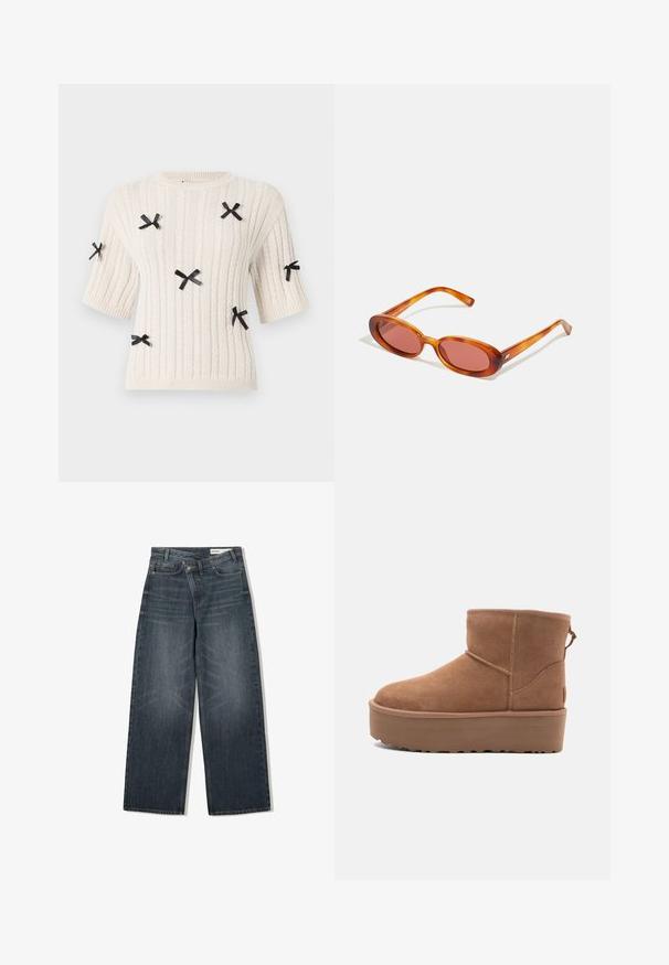 Giacca da moto nera in pelle cropped con zip frontale asimmetrica, bottoni a pressione e quattro zip. Presenta una cintura regolabile in vita.; Maglione a maniche corte color crema con un design a coste testurizzate, caratterizzato da accenti in nastro nero distribuiti su tutto il tessuto.; Jeans in denim scuro con un design a gamba larga, caratterizzati da una vita alta, cinque tasche e leggere sfumature di usura nella parte anteriore.; Stivale alla caviglia in suede beige con suola platform, punta rotonda e dettagli di cucitura; presenta un inserto sul retro per una facile calzata.; Occhiali da sole ovali con montatura arancione trasparente e lenti oscurate. Design elegante con steli sottili che presentano dettagli di branding discreti.
