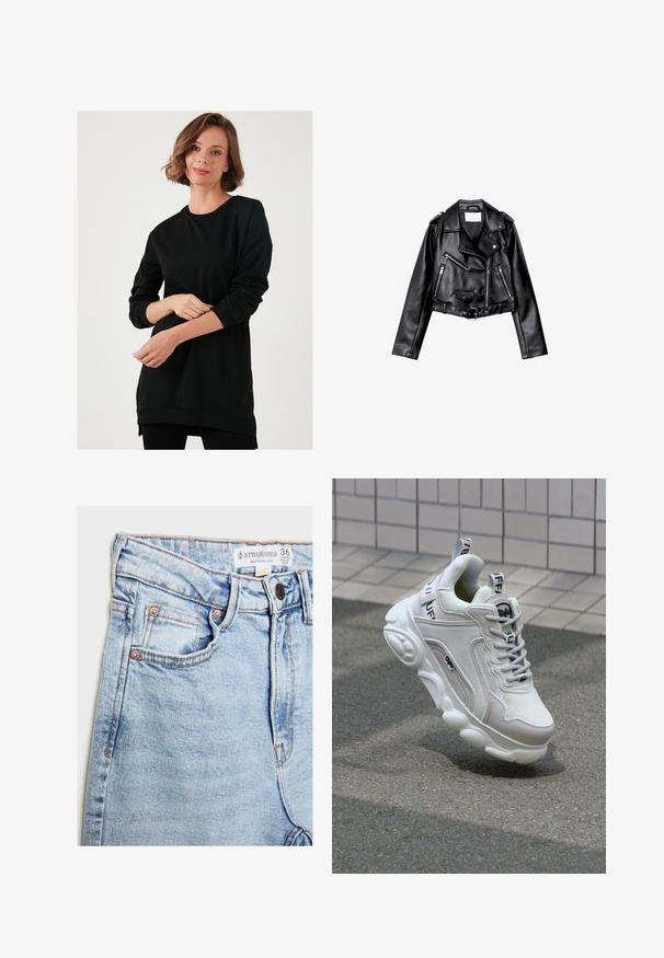 Giacca da moto nera in pelle cropped con zip frontale asimmetrica, bottoni a pressione e quattro zip. Presenta una cintura regolabile in vita.; Tunica nera a maniche lunghe realizzata in tessuto morbido, con scollatura rotonda, vestibilità comoda e spacchi laterali all'orlo per facilitare i movimenti.; Jeans in denim azzurro chiaro con vita alta, cinque tasche, accessori in tonalità rame e leggera scoloritura, con etichetta sulla vita.; Sneaker bianco realizzato in materiali mesh e pelle, con punta arrotondata, suola spessa, lacci prominenti e marchio sul tallone e sulla linguetta.