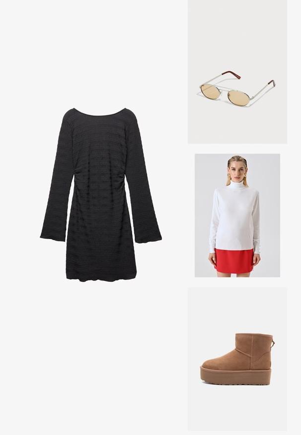 Schwarze, kurze Leder-Bikerjacke mit asymmetrischem Frontreißverschluss, Druckknöpfen und vier Reißverschlüssen. Mit einem verstellbaren Gürtel in der Taille.; Frau in einem weißen Rollkragenpullover mit geknöpften Manschetten und einem roten Minirock, gestylt mit großen goldenen Ohrringen und zurückgekämmtem Haar.; Schwarzes Kleid mit langen Glockenärmeln, strukturiertem Stoff mit horizontalen Streifen, rundem Ausschnitt und gerafften Seitendetails.; Beige Wildleder-Ankle-Boot mit Plateausohle, abgerundetem Zehenbereich und abgesteppten Akzenten; verfügt über eine Zuglasche hinten für einfaches An- und Ausziehen.; Metallsonnenbrille mit ovalen, hellbraun getönten Gläsern. Schlanker silberner Rahmen mit strukturierten Akzenten und rötlich-braunen Spitzen an den Bügeln.