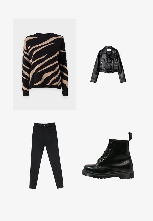 Zwarte cropped leren motorjack met asymmetrische rits aan de voorkant, drukkers en vier ritsen. Heeft een verstelbare riem op de taille.; Zwarte trui met een beige tijgerprintpatroon, voorzien van een ronde hals, lange mouwen en een zachte textuur. De randen zijn met ribbelafwerking.; Zwarte skinny jeans van denim, met een hoge taille, vijf-pocketontwerp en een onafgewerkte zoom bij de enkels. Klassieke knoop- en ritssluiting.; Zwarte leren laars met ronde neus, vetersluiting, zes oogjes en een gestructureerde rubberen zool. Inclusief een treklip aan de achterkant.