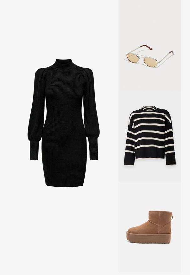 Black cropped leather biker jacket with asymmetric front zip, snap buttons, and four zippers. Features an adjustable belt at the waist.; Knitted sweater with a high collar, featuring alternating black and white horizontal stripes, cropped length, and wide sleeves.; Black knitted dress with a high neck, long puff sleeves, and ribbed texture. Form-fitting shape, reaching mid-thigh. No visible patterns or accents.; Tan suede ankle boot with a platform sole, rounded toe, and stitching accents; features a pull tab at the back for easy wear.; Metal sunglasses with oval, light brown tinted lenses. Slim silver frame with textured accents and reddish-brown tips on the arms.