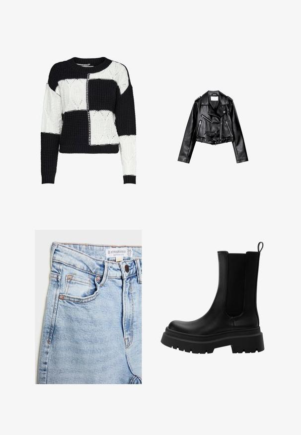 Černá zkrácená kožená motorkářská bunda s asymetrickým předním zipem, patentkami a čtyřmi zipy. Obsahuje nastavitelné pásmo v pase.; Pletený svetr s černobílým patchworkovým designem, obsahující texturované vzory a kulatý výstřih, s žebrovanými manžetami a lemem.; Světle modré džíny z denimu s vysokým pasem, pěti kapsami, hardwarem v měděném tónu a jemným vyblednutím, s etiketou na pásku.; Černé kožené Chelsea boty s elastickými bočními panely, silnou gumovou podrážkou a zaoblenou špičkou. Texturovaný a hladký povrch.