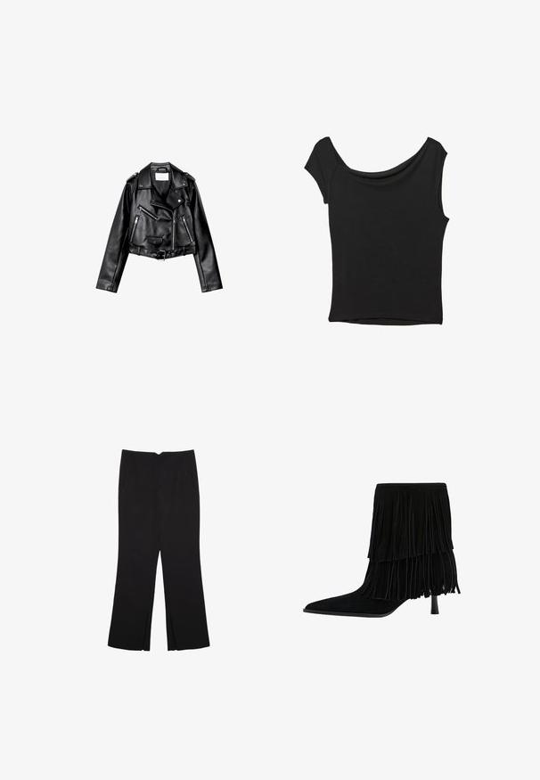 Crna skratena kožna moto jakna s asimetričnim prednjim zatvaračem, s gumbima na dugmad i četiri patentna zatvarača. Sadrži podesivi pojas u struku.; Crna majica kratkih rukava od glatkog materijala; ima drapirani izrez i asimetrični donji rub, uz prilagođeni kroj tijela.; Crne hlače ravnog kroja, s prednjim džepovima i bočnim prorezima na rubu. Izrađene od mekog i glatkog materijala. Pogodne za razne prigode.; Crne nubuk čizme do gležnja s višeslojnim rese dizajnom, oštrim vrhom i stiletto potpeticom. Tekstura je meka, a završna obrada čini se glatkom.