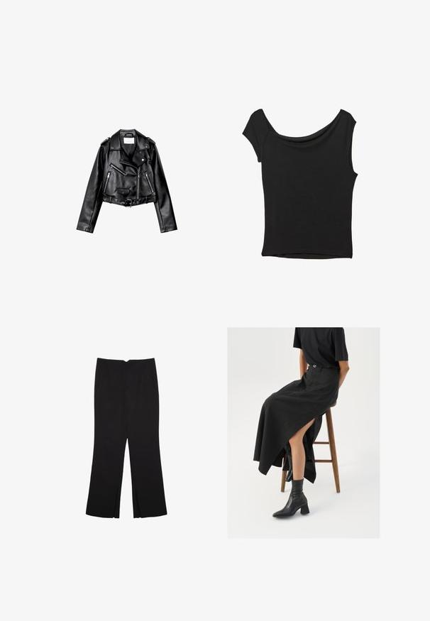 Czarna, krótka skórzana kurtka motocyklowa z asymetrycznym zamkiem błyskawicznym z przodu, zatrzaskami i czterema zamkami. Posiada regulowany pasek w talii.; Czarna bluzka z krótkim rękawem, wykonana z gładkiego materiału; posiada dekolt w stylu drapowanym oraz asymetryczny dół, z dopasowanym krojem.; Czarne spodnie o prostym kroju, z przednimi kieszeniami i bocznymi rozcięciami na dole. Wykonane z miękkiego, gładkiego materiału. Odpowiednie na różne okazje.; Czarna lniana spódnica maxi z wysokim rozcięciem, noszona z czarnym t-shirtem i czarnymi botkami sięgającymi kostek. Minimalistyczny design z luźnym krojem.