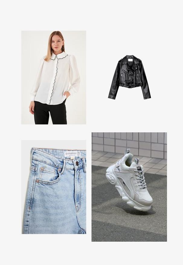 Black cropped leather biker jacket with asymmetric front zip, snap buttons, and four zippers. Features an adjustable belt at the waist.; White blouse with a scalloped collar, featuring a black trim and button-front closure. Long sleeves with elastic cuffs, made from a sheer material.; Light blue denim jeans with a high waist, five pockets, copper-tone hardware, and subtle fading, featuring a label at the waistband.; White sneaker with mesh and leather materials, rounded toe, thick sole, prominent laces, and branding on the heel and tongue.