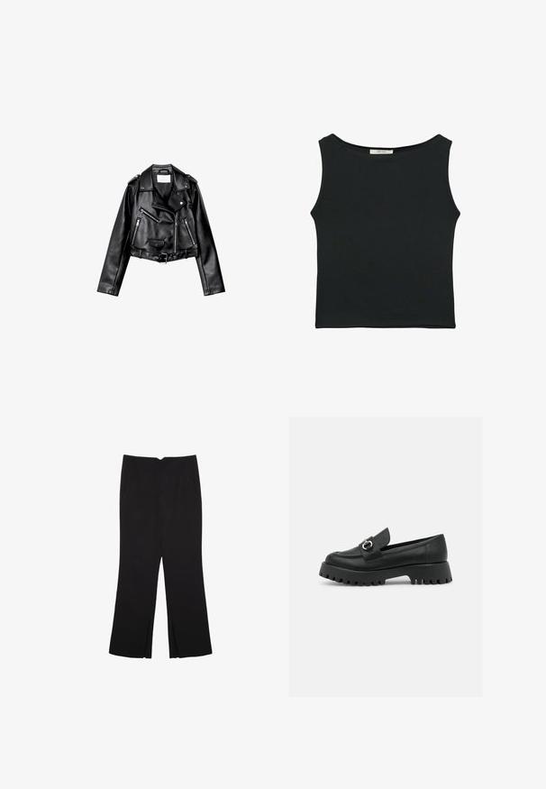 Schwarze, kurze Leder-Bikerjacke mit asymmetrischem Frontreißverschluss, Druckknöpfen und vier Reißverschlüssen. Mit einem verstellbaren Gürtel in der Taille.; Schwarzes ärmelloses Oberteil aus glattem Stoff, mit einem runden Ausschnitt und einer figurbetonten Passform, ohne sichtbare Muster oder Verzierungen.; Schwarze Hose mit geradem Schnitt, ausgestattet mit Fronttaschen und Seitenschlitzen am Saum. Hergestellt aus weichem, glattem Stoff. Geeignet für verschiedene Anlässe.; Schwarze Lederlaufschuhe mit runder Zehenpartie, versehen mit einer Schnallenakzent und einer dicken, profilierten Sohle. Glatte Textur mit minimalen Nähten.