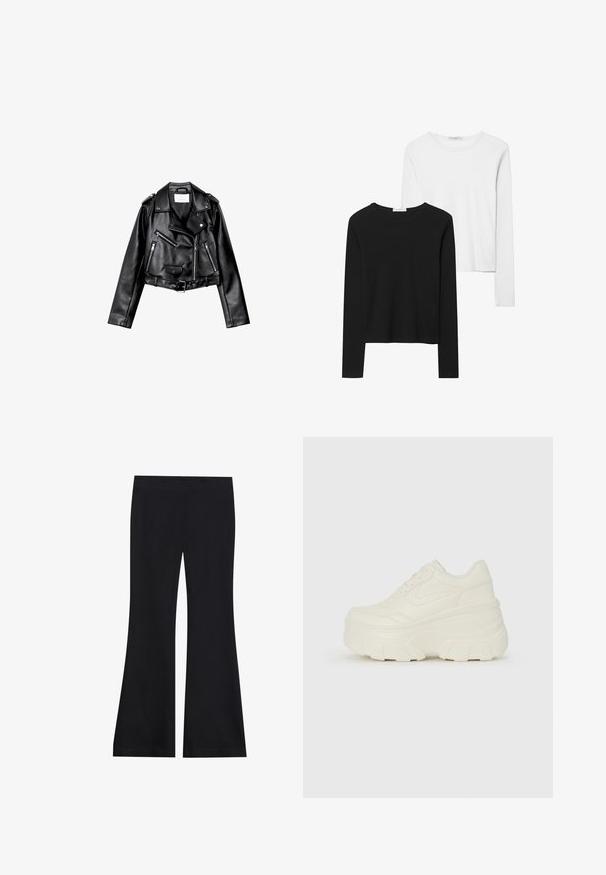 Schwarze, kurze Leder-Bikerjacke mit asymmetrischem Frontreißverschluss, Druckknöpfen und vier Reißverschlüssen. Mit einem verstellbaren Gürtel in der Taille.; Schwarz-weiß gestreifte Langarmshirts mit Rundhalsausschnitten, weichem Stoff und einer taillierten Passform mit geraden Säumen.; Schwarze Schlaghosen aus weichem, dehnbarem Stoff; bietet einen glatten Bund und ein weites Beindesign; nahtloser Abschluss über das gesamte Kleidungsstück.; Weiße Platform Sneakers mit einem glatten, lederähnlichen Obermaterial, abgerundeter Form, gepolstertem Kragen und strukturierten Gummisohlen mit ausgeprägten Stollen.