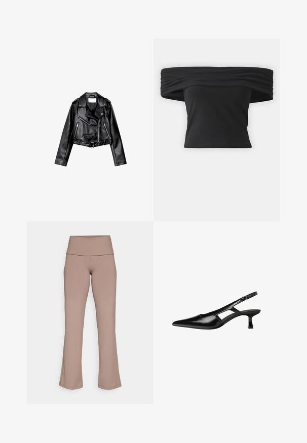 Schwarze, kurze Leder-Bikerjacke mit asymmetrischem Frontreißverschluss, Druckknöpfen und vier Reißverschlüssen. Mit einem verstellbaren Gürtel in der Taille.; Schwarzes Off-Shoulder-Oberteil mit geraffter Textur am Ausschnitt, kurzen Ärmeln und einem figurnahen, cropped Design. Hergestellt aus dehnbarem Material.; Weit geschnittene Hosen aus einem weichen beigen Stoff, hochtailliertes Design, glatte Textur und gestickte Säume, die eine figurbetonte und fließende Silhouette bieten.; Schwarze Lackleder-Slingback-High Heels mit spitzer Zehenform, ausgeschnittenem Seitendesign und kleinem Blockabsatz. Glatte Textur mit minimalen Akzenten.