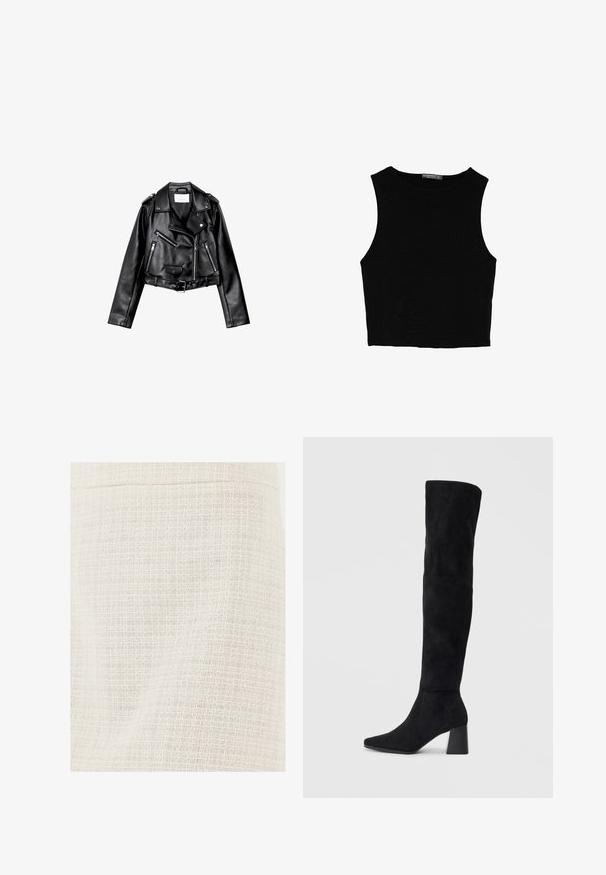 Giacca da moto nera in pelle cropped con zip frontale asimmetrica, bottoni a pressione e quattro zip. Presenta una cintura regolabile in vita.; Top corto senza maniche nero realizzato in tessuto liscio, con scollatura rotonda e un design pulito e semplice, privo di pattern o accessori.; Primo piano di un tessuto intrecciato color crema con un sottile motivo a griglia e fili testurizzati.; Stivale in suede nero alto fino al ginocchio con tacco a blocco, punta affusolata e design liscio e senza cuciture su uno sfondo chiaro e semplice.