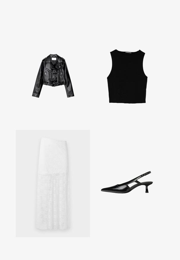 Sort cropped læderbikerjakke med asymmetrisk frontlynlås, trykknapper og fire lynlåse. Har et justerbart bælte i taljen.; Sort ærmeløs crop top lavet af glat stof, med rund hals og et rent, enkelt design uden mønstre eller hardware.; Hvid blonde maxi nederdel med blomster mønster, med en tætsiddende talje og en flydende, semitransparent nederste sektion. Struktureret materiale.; Sorte patentlæder slingback hæle med spids tå, udskåret sideskærm og en lille firkantet hæl. Glat tekstur med minimale detaljer.