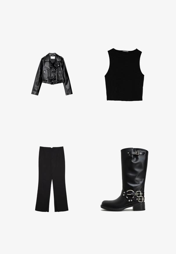 Mustat lyhythihaiset nahkatakit, joissa on epäsymmetrinen etuvetoketju, napit ja neljä vetoketjua. Varustettu säädettävällä vyöllä vyötäröllä.; Musta hihaton crop-top, joka on valmistettu sileästä kankaasta, jossa on pyöreä kaula-aukko ja siisti, yksinkertainen muotoilu ilman kuvioita tai varusteita.; Mustat housut suoralinjaisella leikkauksella, joissa on etutaskut ja sivurei'ät helman alla. Valmistettu pehmeästä ja sileästä kankaasta. Sopii eri tilaisuuksiin.; Mustat polvipituiset saappaat, jotka on valmistettu sileästä synteettisestä materiaalista. Varusteena hopeanvärisiä solkia ja korostusrenkaita. Tukeva neliönmuotoinen korko.