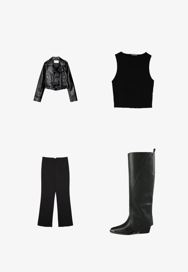 Černá zkrácená kožená motorkářská bunda s asymetrickým předním zipem, patentkami a čtyřmi zipy. Obsahuje nastavitelné pásmo v pase.; Černý bezsleeve crop top vyrobený z hladké tkaniny, s kulatým výstřihem a čistým, jednoduchým designem bez vzorů nebo kovových doplňků.; Černé kalhoty s rovným střihem, s předními kapsami a bočními rozparky na lemu. Vyrobené z jemné, hladké tkaniny. Vhodné na různé příležitosti.; Černé kožené vysoké boty po kolena, s špičatou špičkou, úhlovým designem, zakřivenými švy a nízkým blokovým podpatkem.