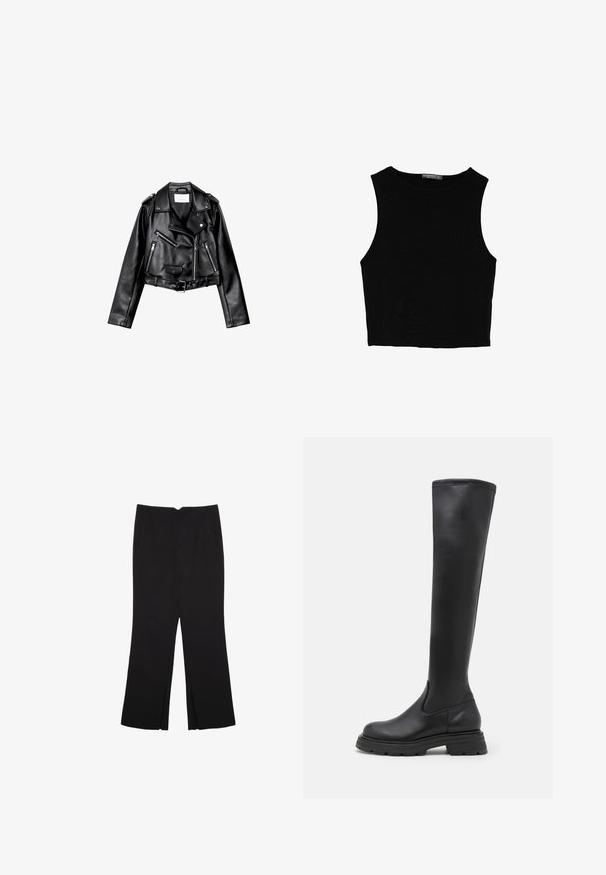 Sort cropped læderbikerjakke med asymmetrisk frontlynlås, trykknapper og fire lynlåse. Har et justerbart bælte i taljen.; Sort ærmeløs crop top lavet af glat stof, med rund hals og et rent, enkelt design uden mønstre eller hardware.; Sorte bukser med lige pasform, der har frontlommer og slidser i kanten. Lavet af blødt, glat stof. Velegnet til forskellige anledninger.; Sorte knæhøje støvler lavet af glat læder, med en chunky sål og et strømlinet design uden synlig hardware eller udsmykning.