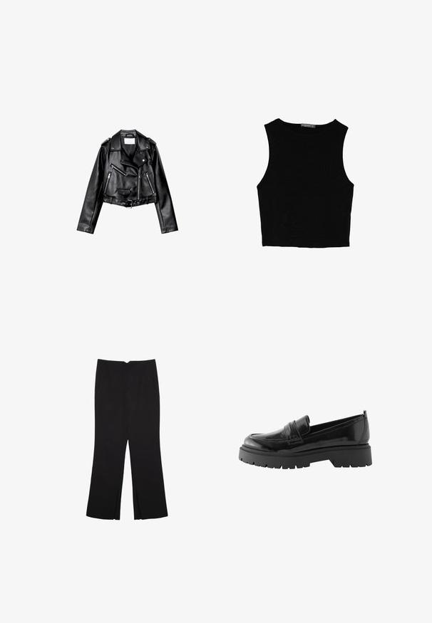 Črna usnjena motoristična jakna s krojem do pasu, z asimetričnim sprednjim zadrgo, sponkami in štirimi zadrgami. Ima nastavljiv pas na v pasu.; Črn brez rokavov crop top, izdelan iz gladkega materiala, z okroglim izrezom in čistim, preprostim dizajnom brez vzorcev ali dodatkov.; Črne hlače ravnega kroja z naglavnimi žepi in stranskimi razporki na robu. Narejene iz mehke, gladke tkanine. Primerne za različne priložnosti.; Črne lakirane usnjene loaferice imajo nizko platformasto podplato z grobim profilom in šivano podrobnostjo čez srednji del stopala.